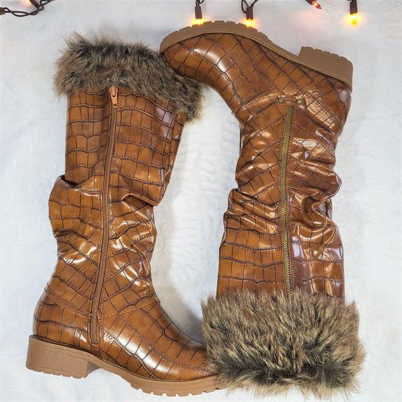Furry Tan Croc Faux Fur Fold Over Cuff Winter Mid Calf Boots - Picture 7 of 8